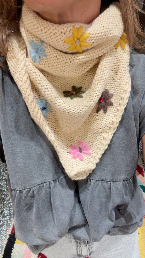 Bandana tricot écru fleurs Maison Badigo