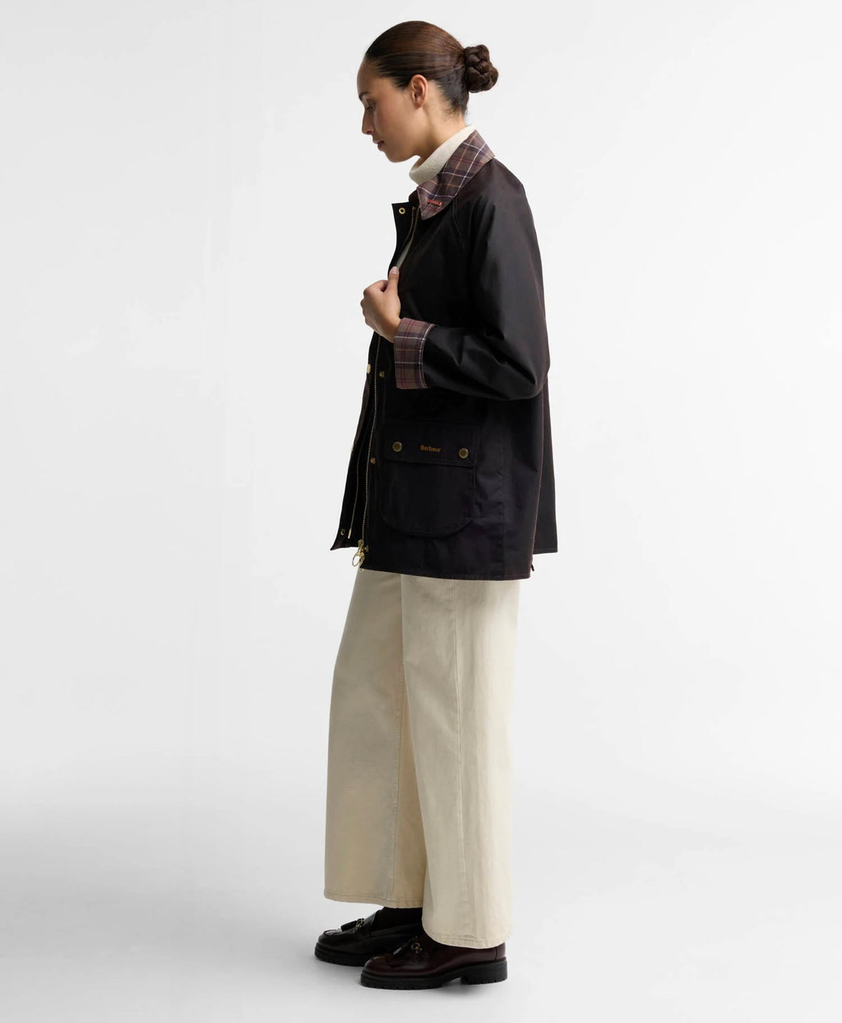 Veste icons tartan collar modern Beadnell marron Wax Barbour