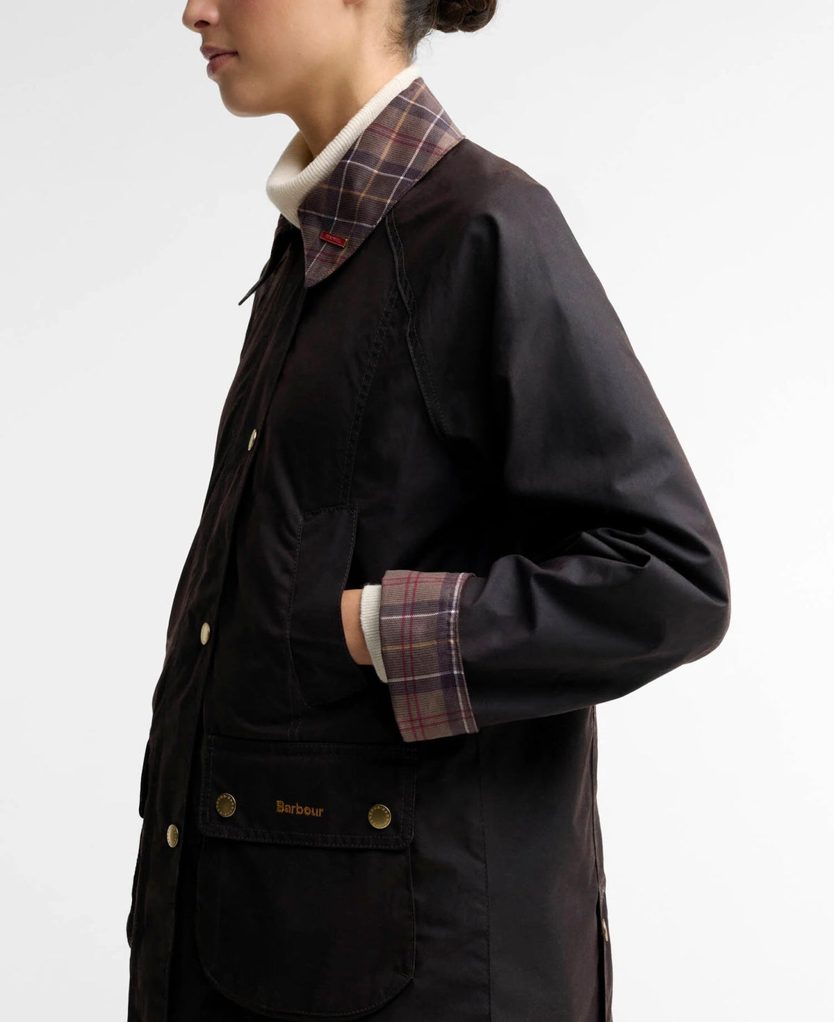 Veste icons tartan collar modern Beadnell marron Wax Barbour