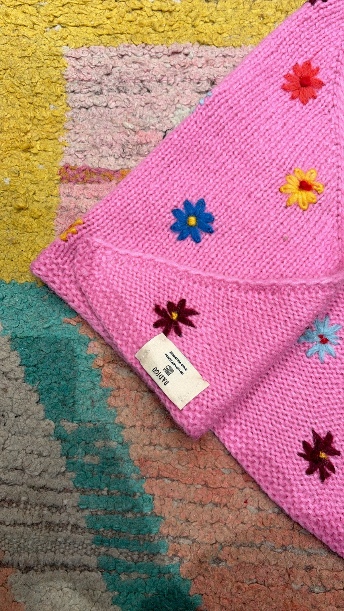 Bandana tricot rose fleurs Maison Badigo